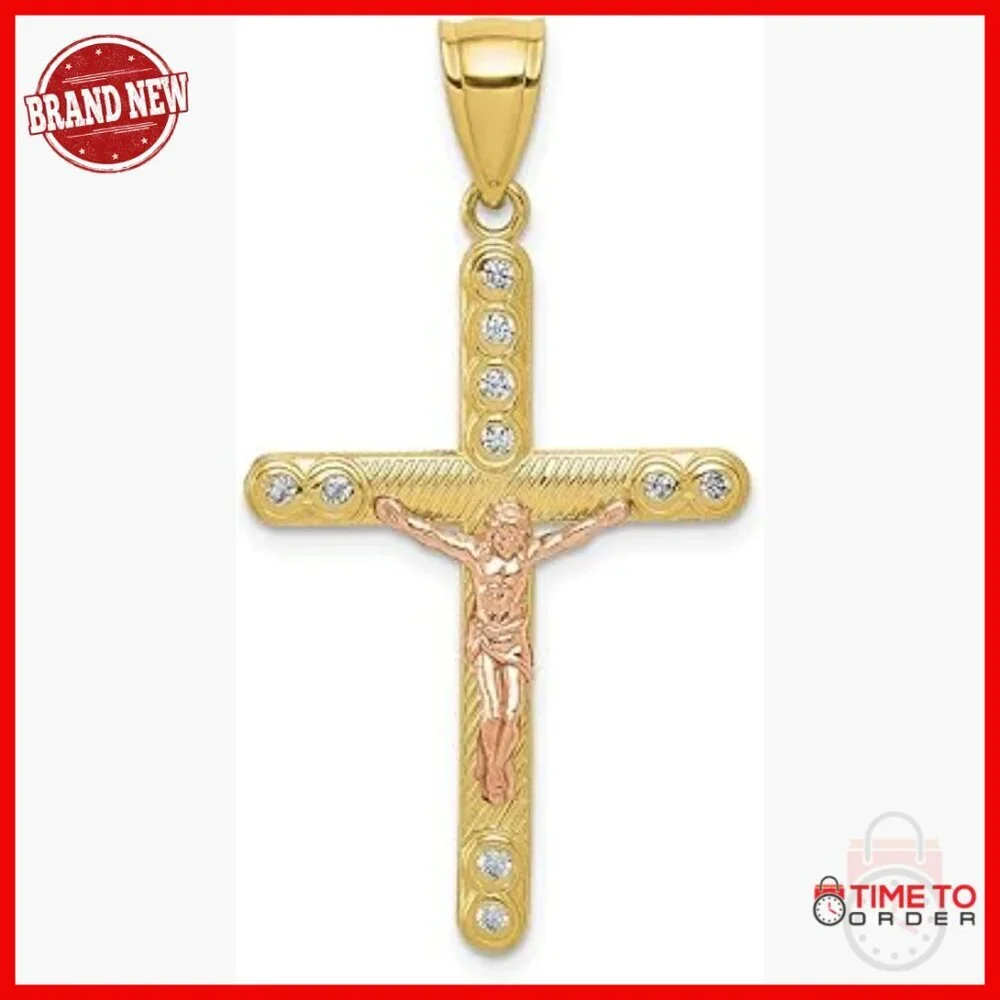 10K Gold Crucifix Pendant Necklace with CZ Accents 33mm x 22mm